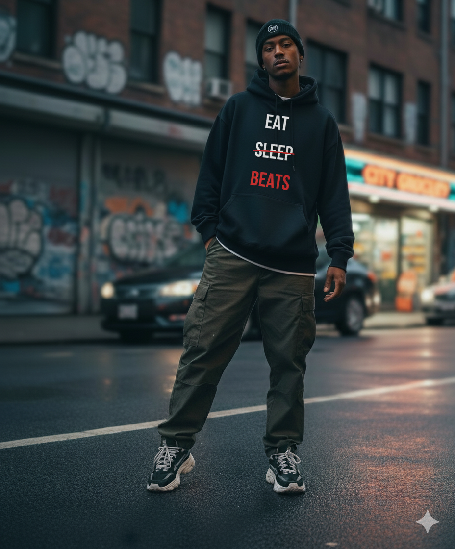 Producer in a navy Eat Sleep Beats hoodie on a graffiti-lined street