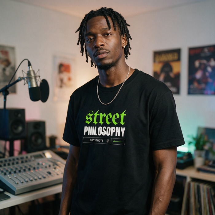 Rapper in a Street Philosophy tee beside a studio condenser microphone and pop filter
