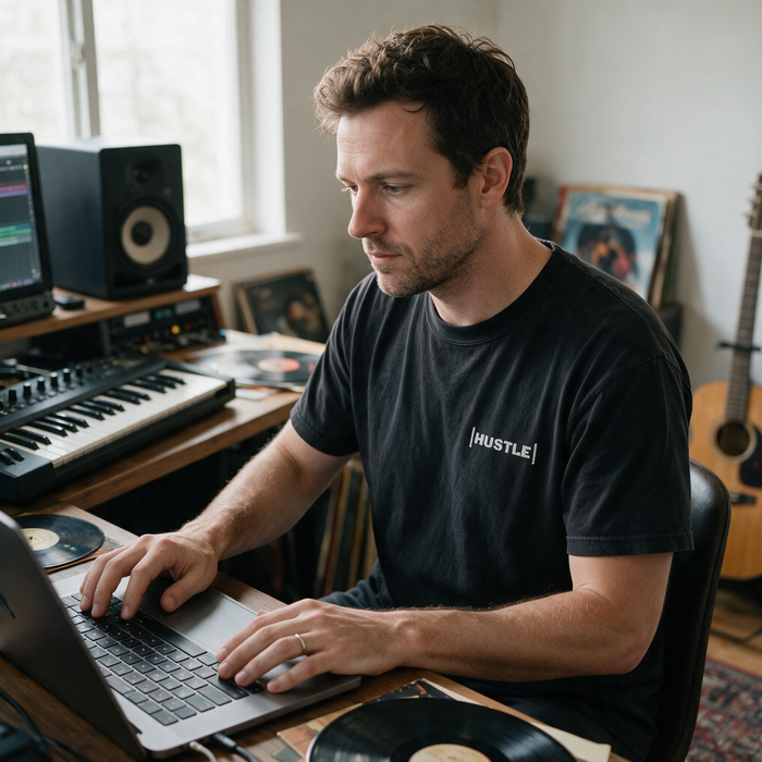 Producer in a Hustle tee wearing headphones at a desk with a microphone and MIDI keyboard