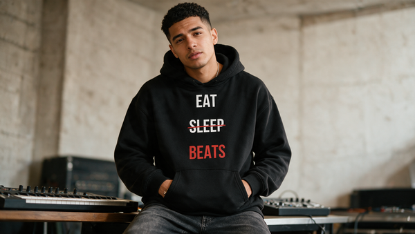 Producer in an Eat Sleep Beats hoodie in a concrete room with a studio desk behind
