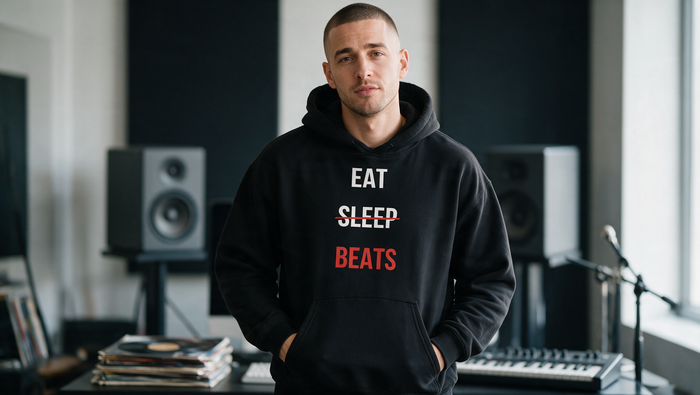 Rapper in an Eat Sleep Beats hoodie beside studio monitors and a vocal microphone