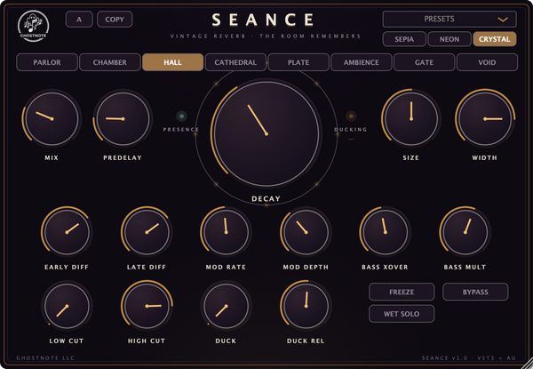 Ghostnote SEANCE plugin interface, an example of a VST3 loaded in a DAW