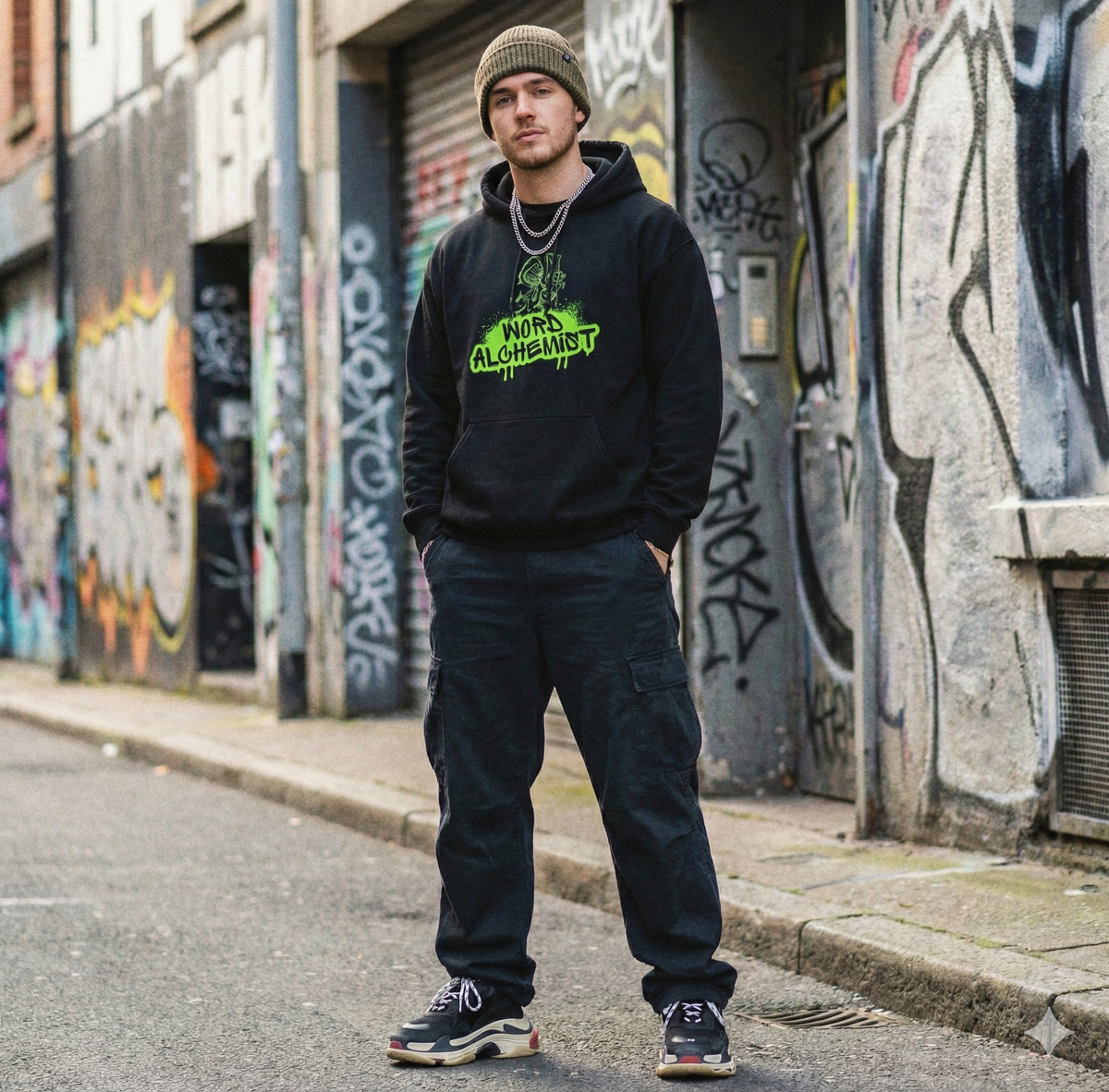 Rapper wearing a Ghostnote Word Alchemist hoodie in the street