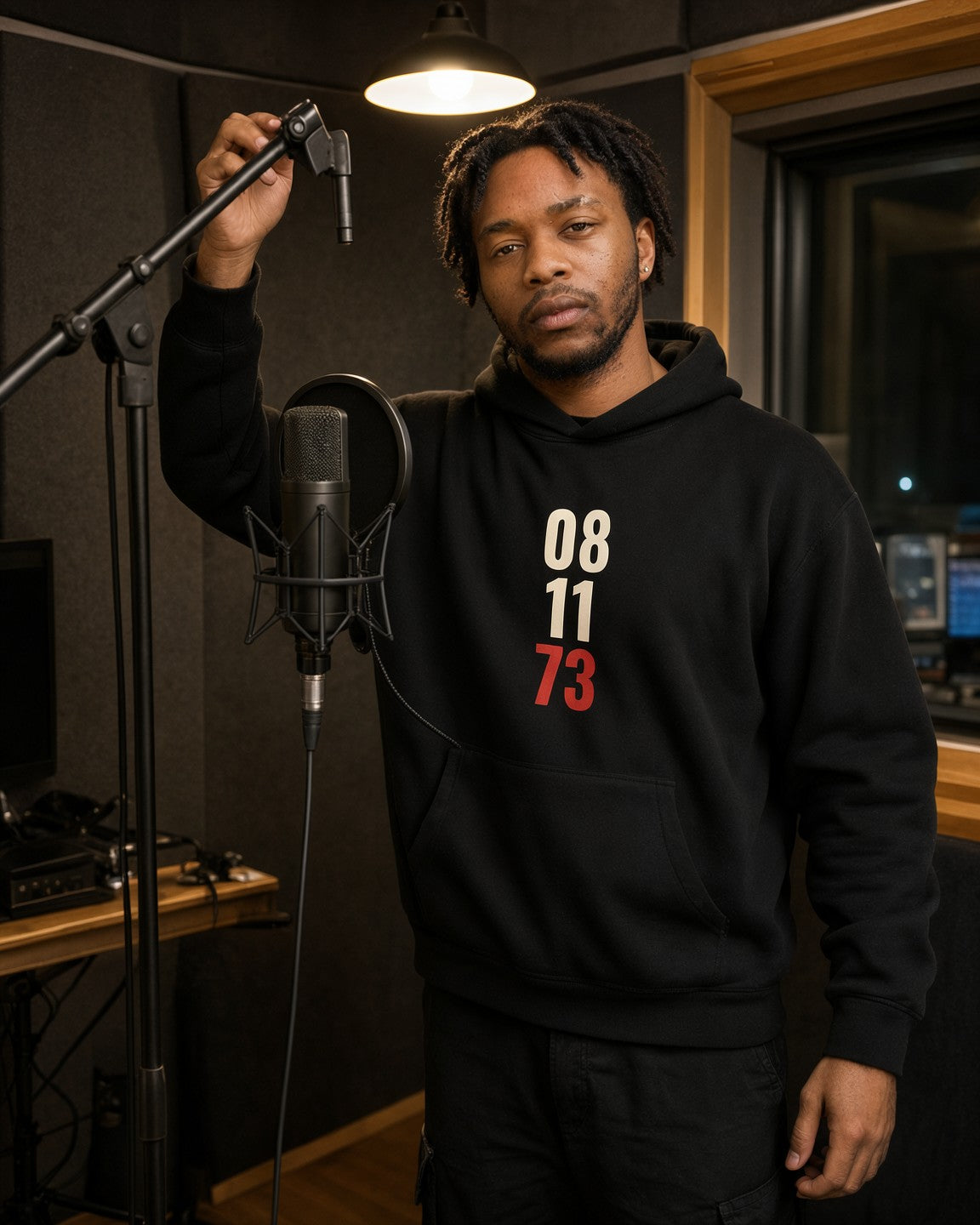 Model wearing the 08.11.73 Hoodie in Black