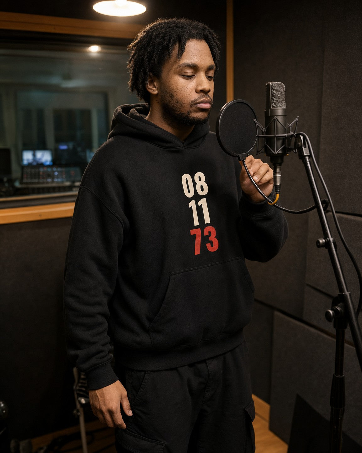 Man wearing the 08.11.73 hip hop hoodie in black, adjusting the pop filter in a vocal booth