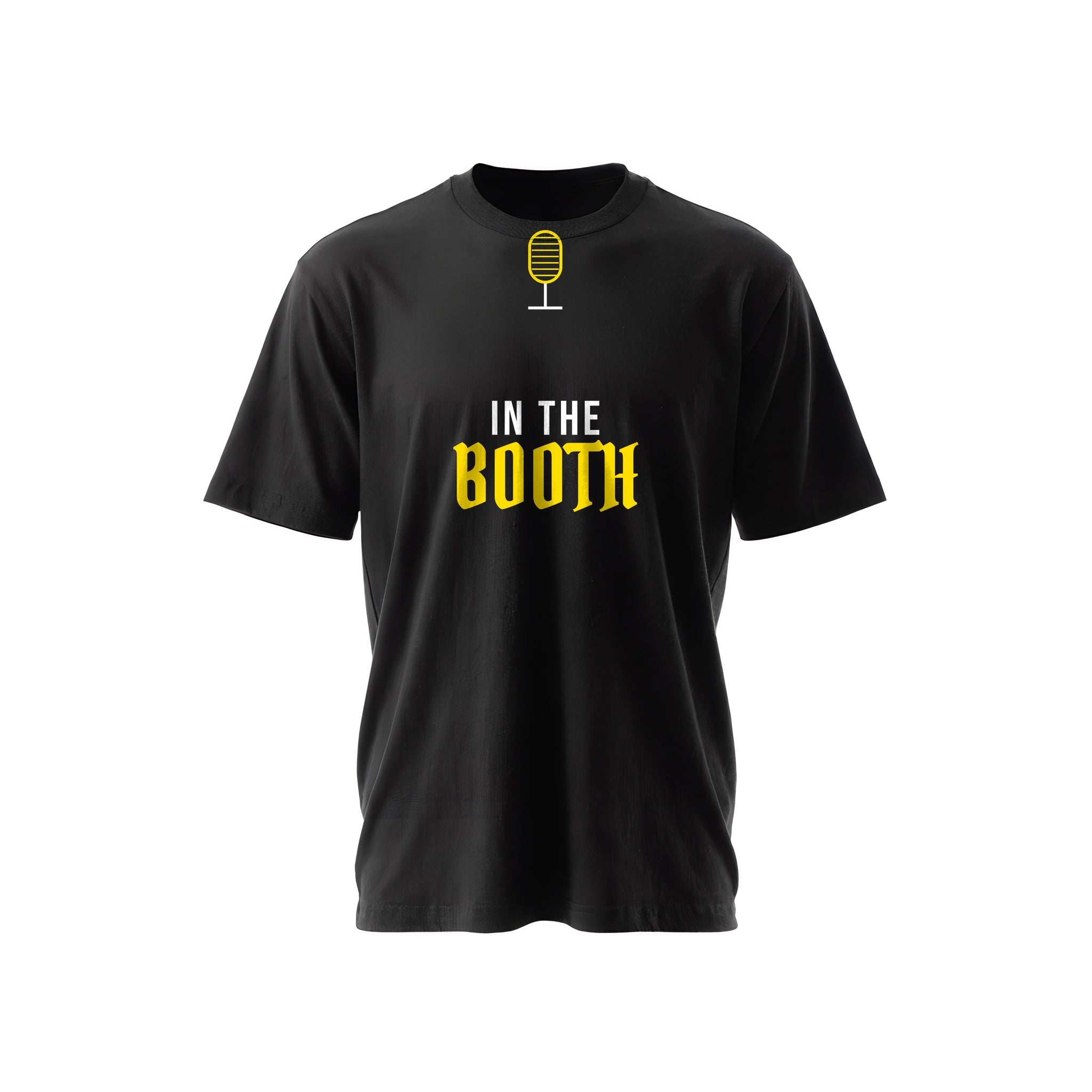 Black t-shirt with a gold studio microphone icon and 'IN THE BOOTH' text — Ghostnote rapper streetwear tee