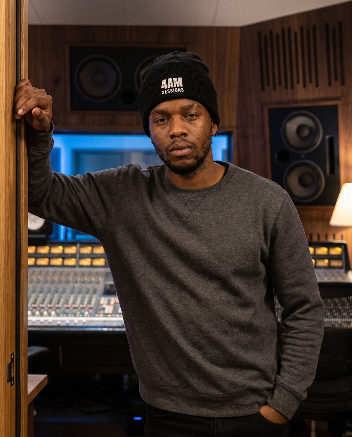 Model wearing the 4AM Sessions beanie in Black in a recording studio control room