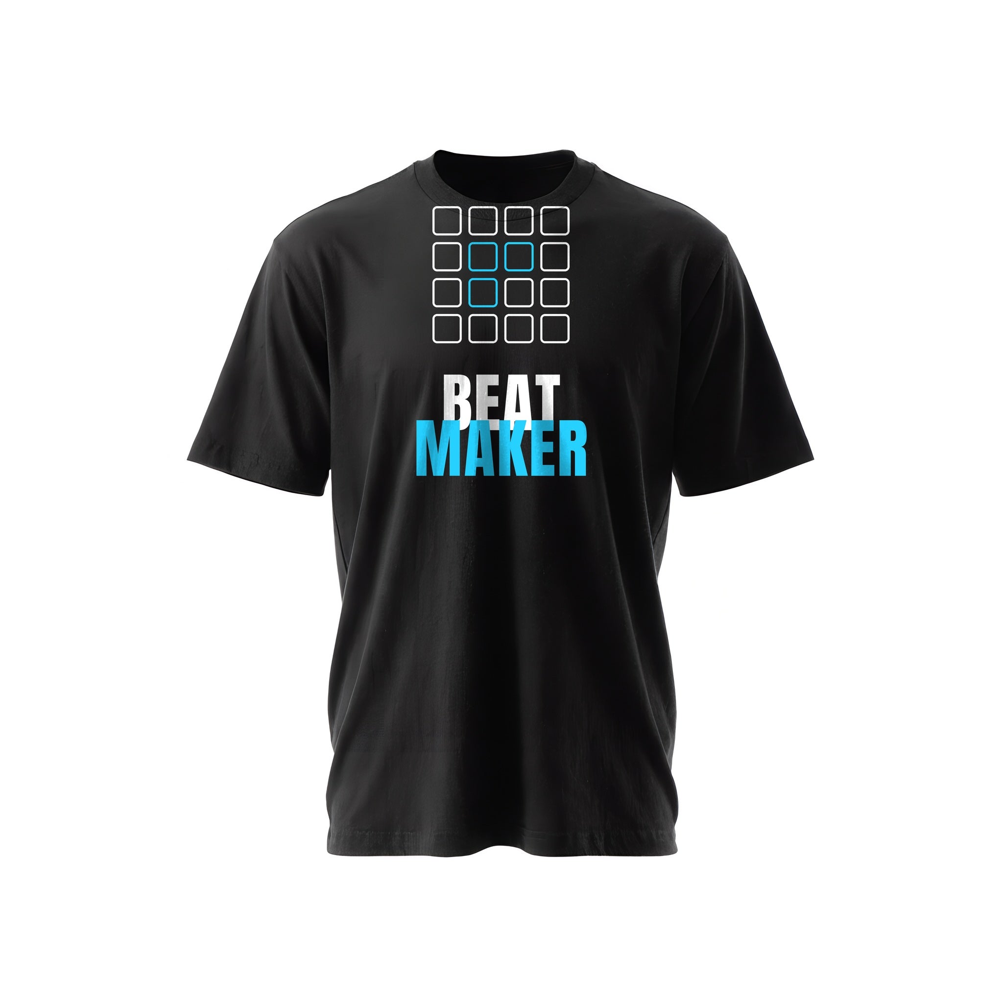 Black t-shirt with a drum-machine pad grid and bold 'BEAT MAKER' text in white and cyan — Ghostnote music producer tee