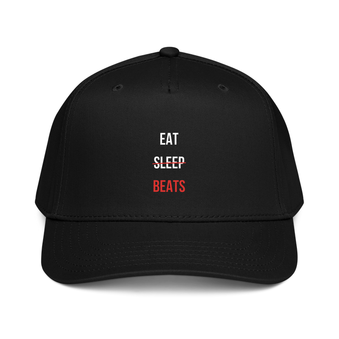 Black dad cap with stacked 'EAT SLEEP' in white and 'BEATS' in red — Ghostnote music producer streetwear
