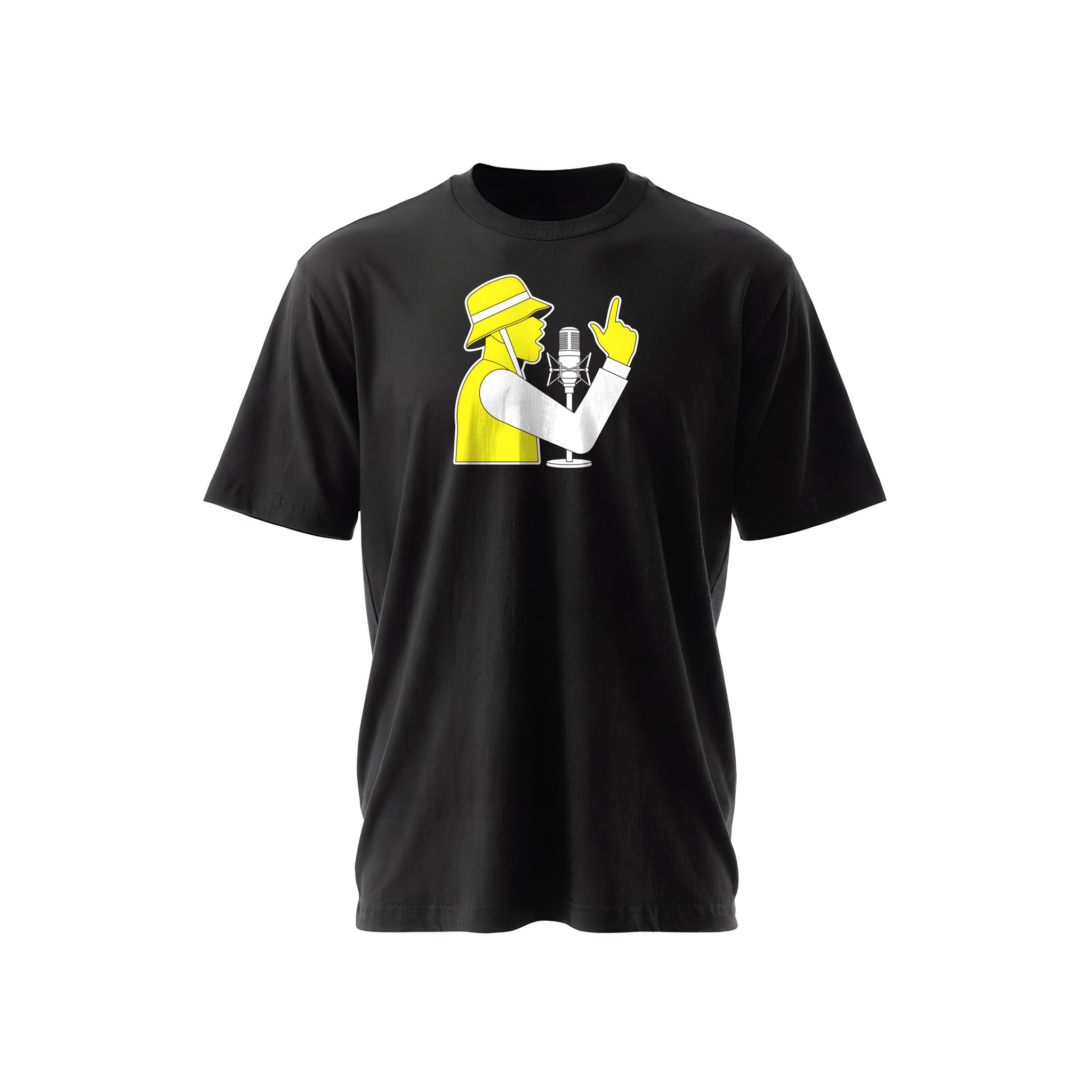 Black t-shirt with a white-and-yellow illustration of a rapper at a studio microphone, finger raised — Ghostnote rapper streetwear tee