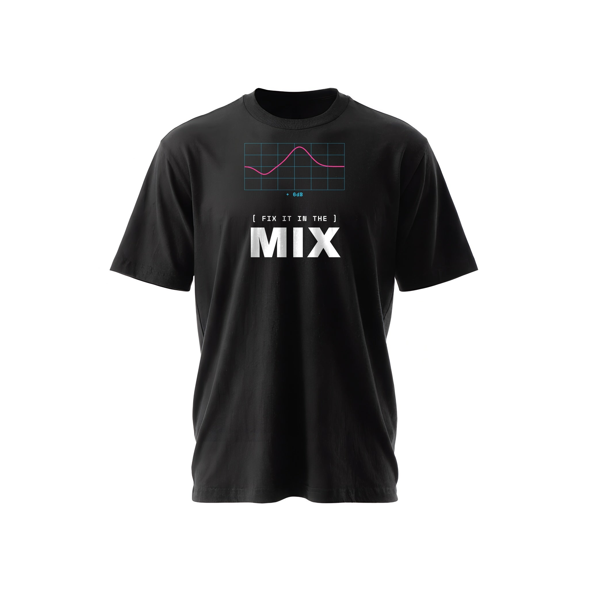 Black t-shirt with an EQ curve graphic and 'FIX IT IN THE MIX' text in white — Ghostnote audio engineer streetwear tee