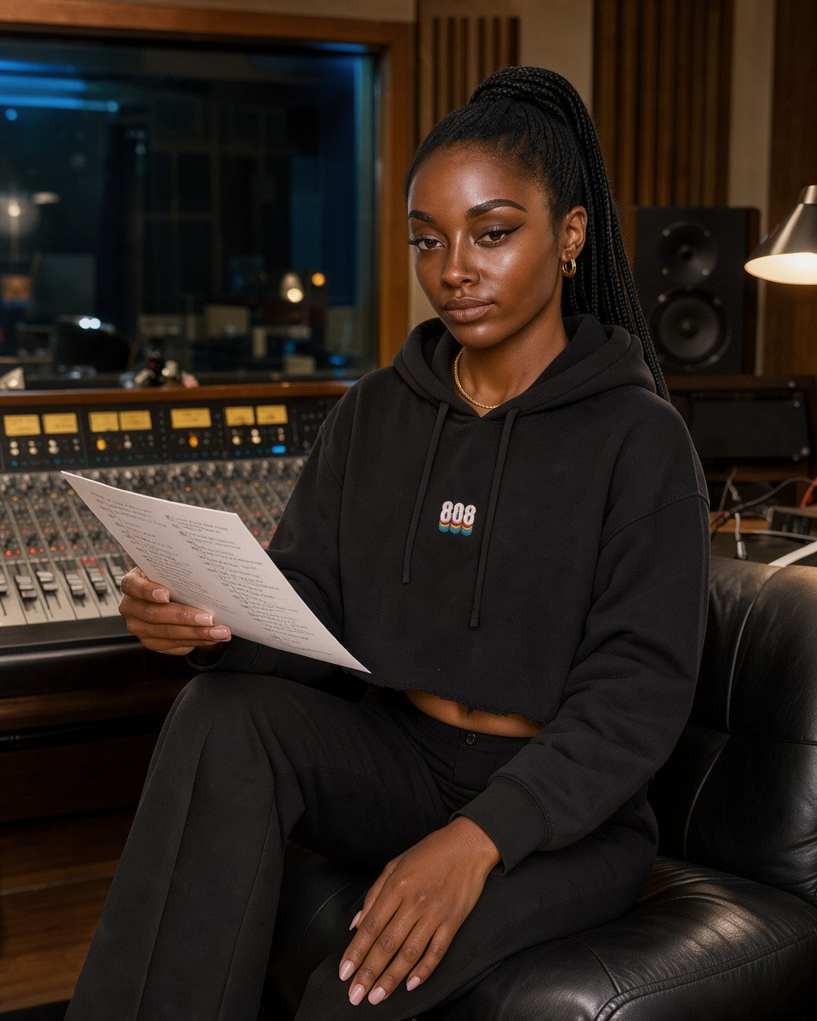 Model wearing the 808 Women's Cropped Hoodie in Black
