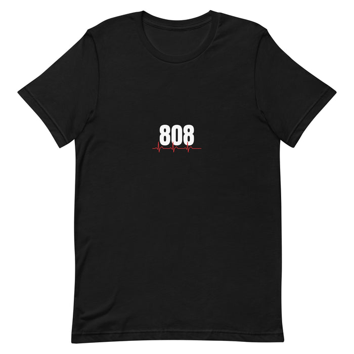 Black t-shirt with a bold white '808' and a red heartbeat ECG line through it — Ghostnote music producer streetwear tee, flat front