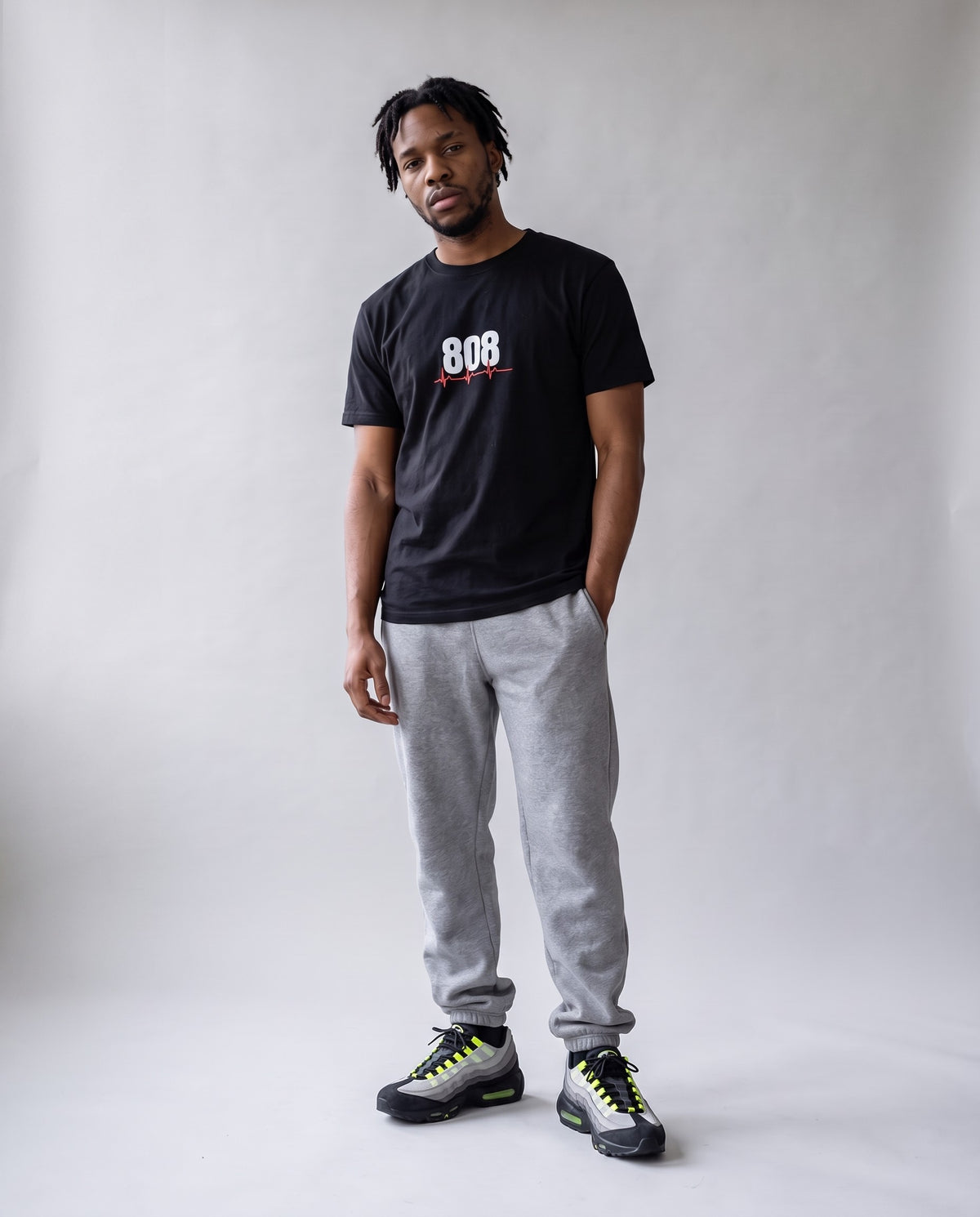 Model wearing the 808 Is My Heartbeat t-shirt in Black, full length