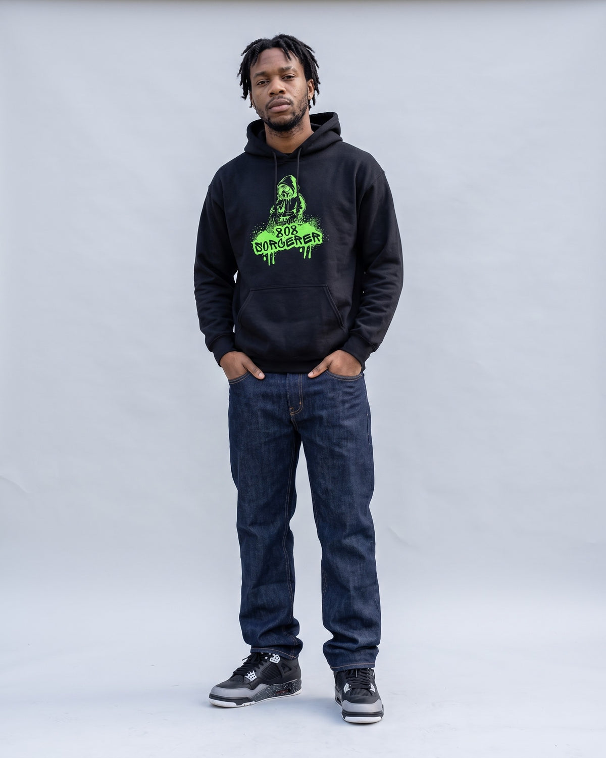 Model wearing the 808 Sorcerer hoodie in Black, full length