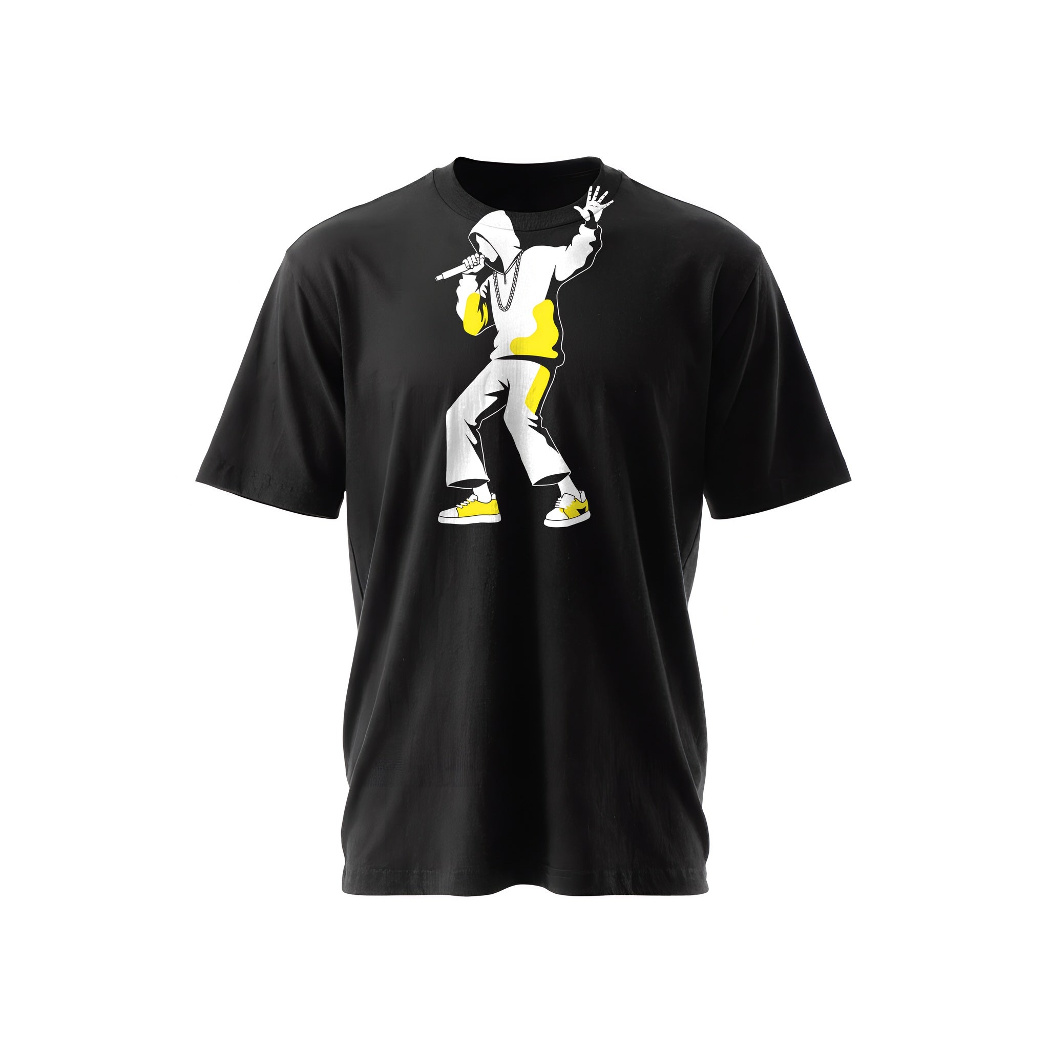 Black t-shirt with a white-and-yellow illustration of a rapper performing on stage — Ghostnote rapper streetwear tee