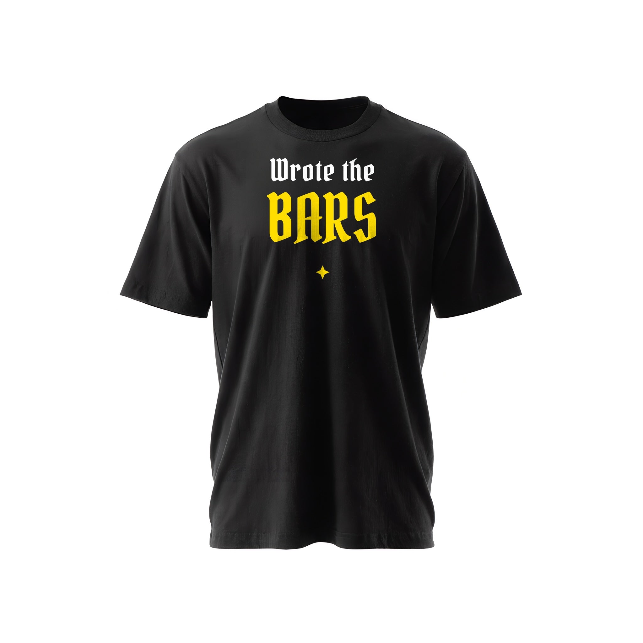 Black t-shirt with 'WROTE THE BARS' text in white and gold — Ghostnote rapper streetwear tee