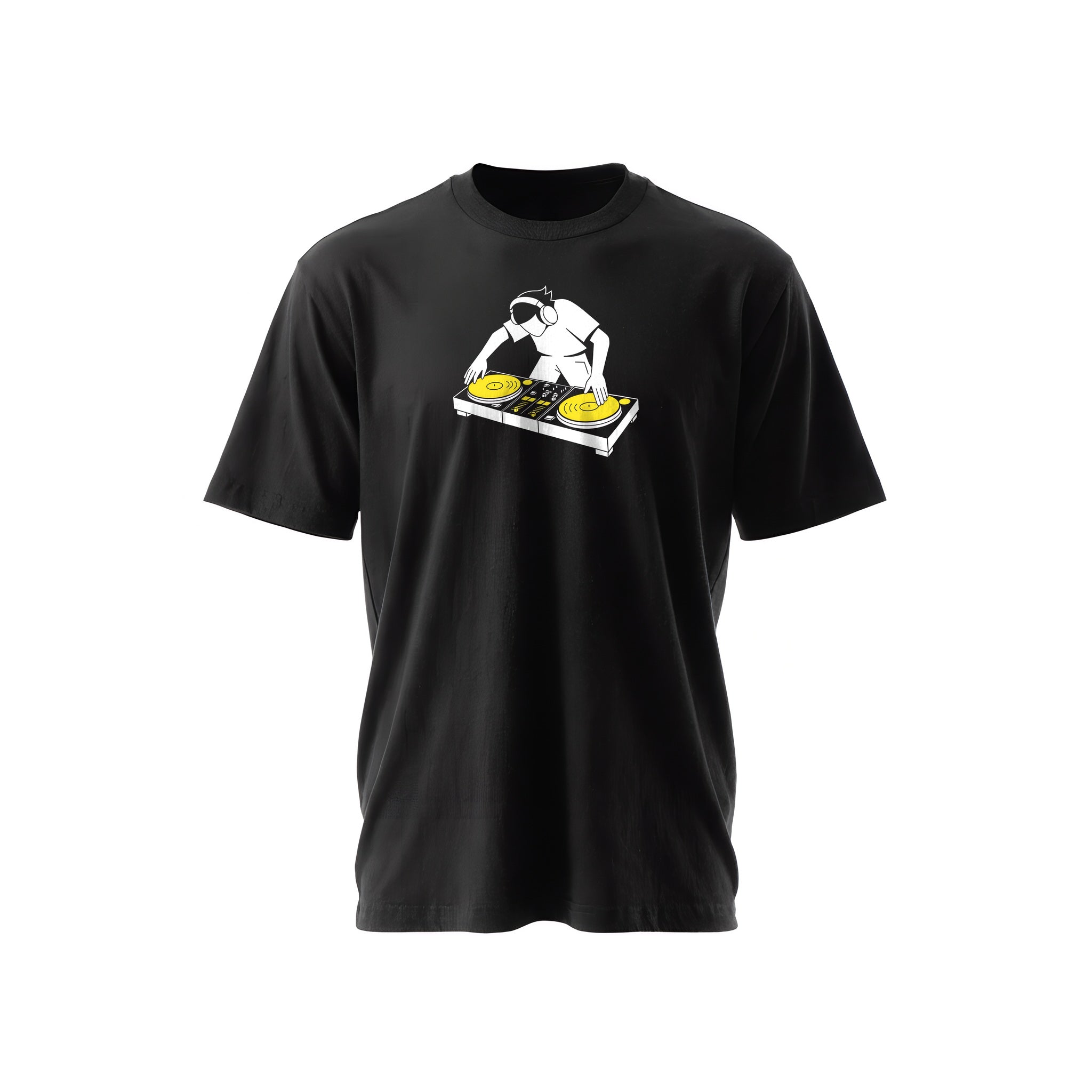 Black t-shirt with a white-and-yellow illustration of a DJ scratching on turntables — Ghostnote hip-hop streetwear tee