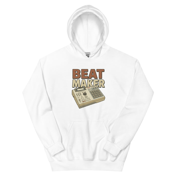 White Beat Maker hoodie with a gold illustration of an MPC drum machine and 'BEAT MAKER' text on the chest — Ghostnote music producer streetwear