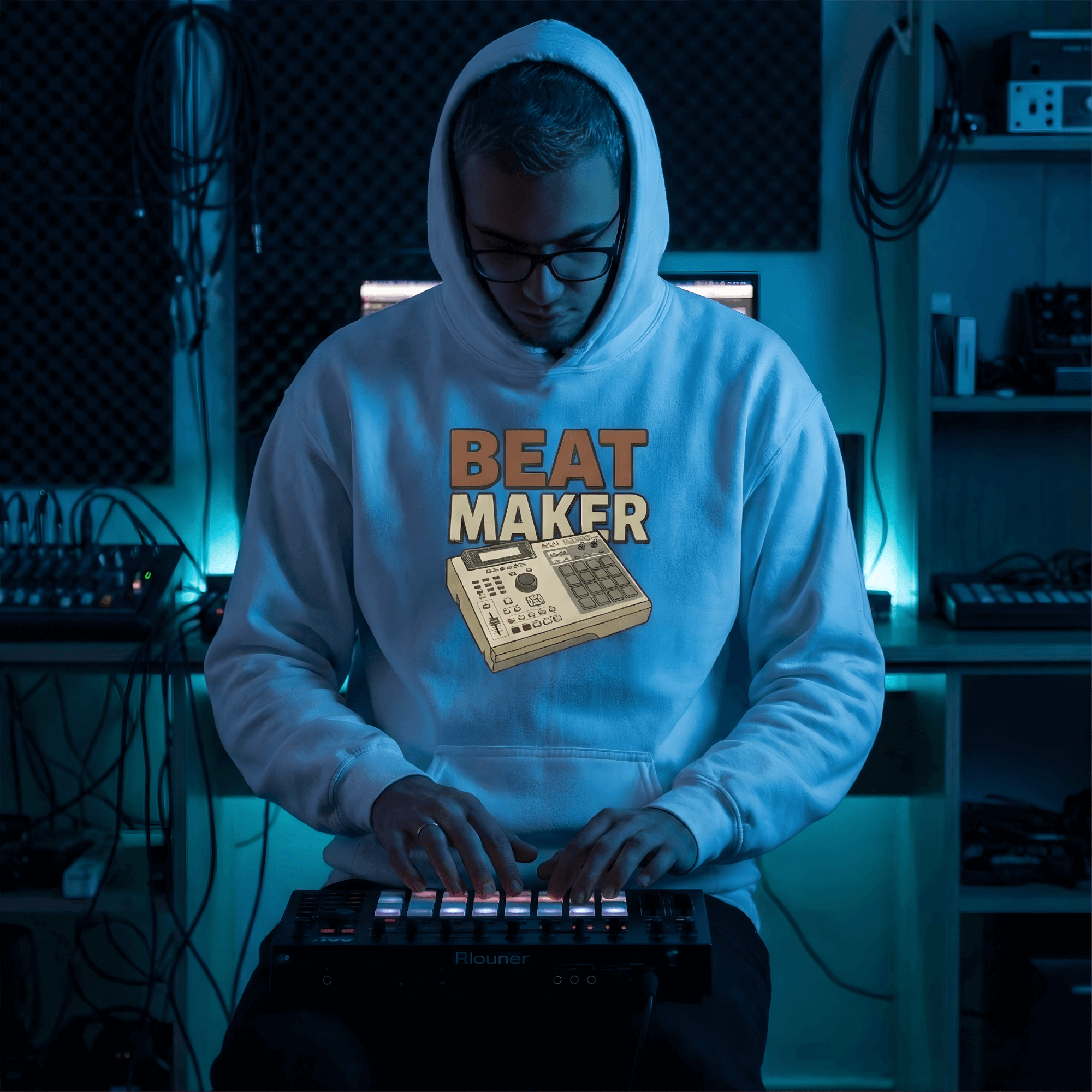 Person wearing a hoodie with 'Beat Maker' design in a music studio setting
