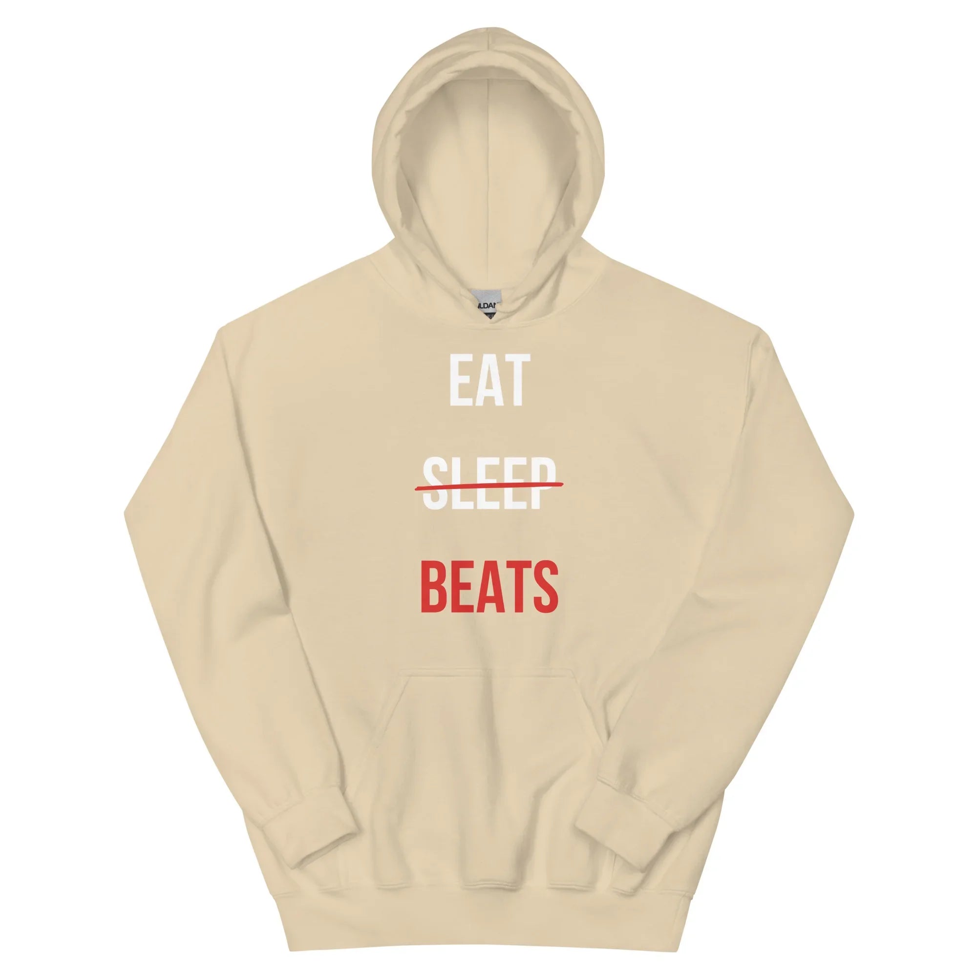 Black hoodie with stacked 'EAT SLEEP' in white and 'BEATS' in red on the chest — Ghostnote music producer streetwear