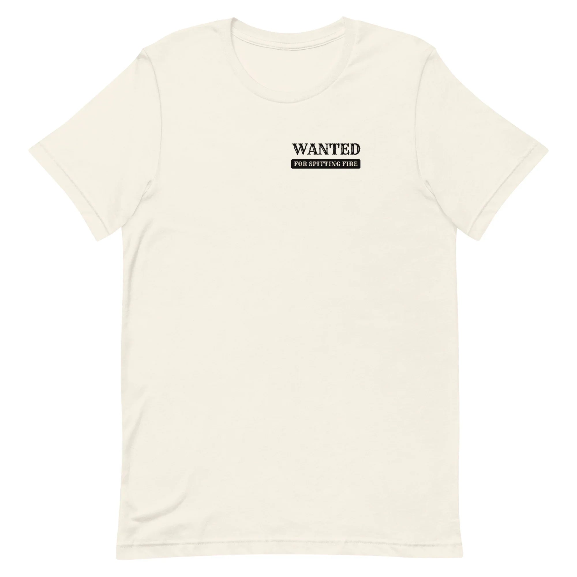 Beige t-shirt with 'WANTED' text on a beige background