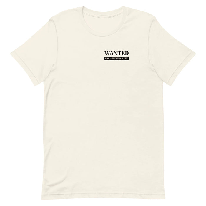 Beige t-shirt with 'WANTED' text on a beige background