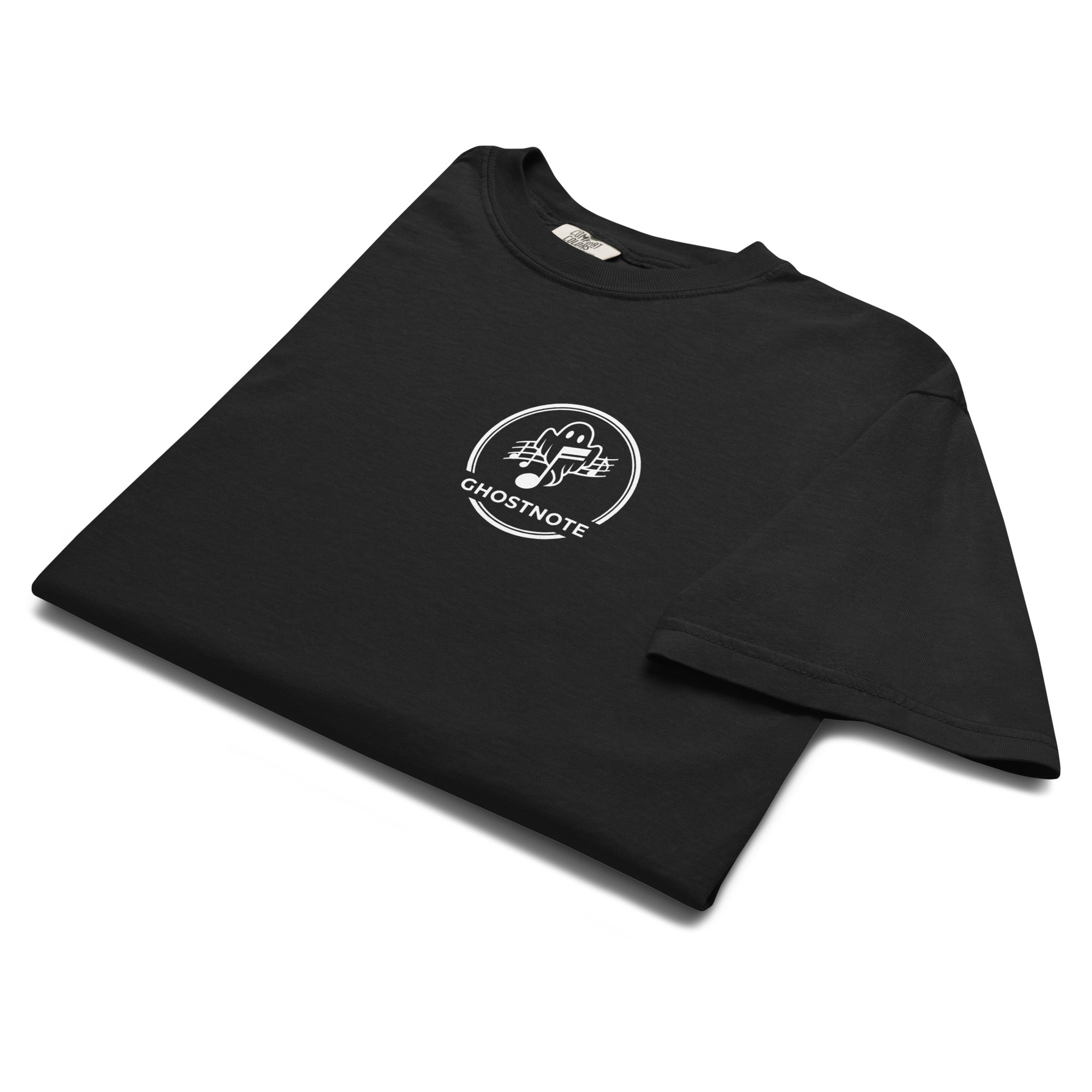 Black folded t-shirt with a white Ghostnote streetwear logo on a black background