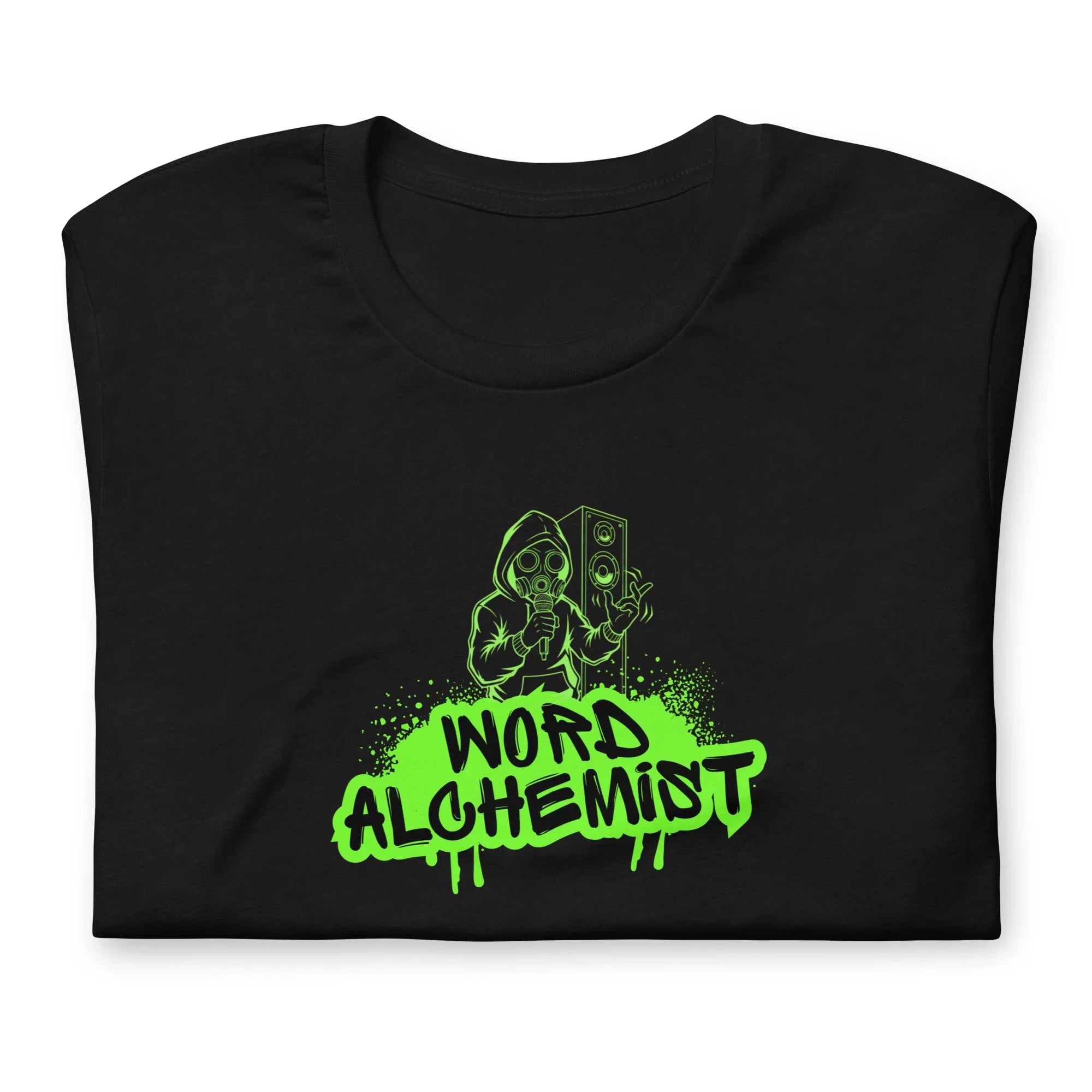 Black folded t-shirt with green 'Word Alchemist' logo on a black background