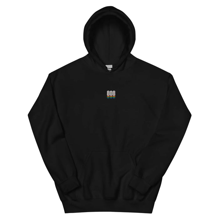 Black music producer hoodie with a small embroidered '808' logo in white over a red, yellow, green and blue drop on the chest — Ghostnote beatmaker streetwear