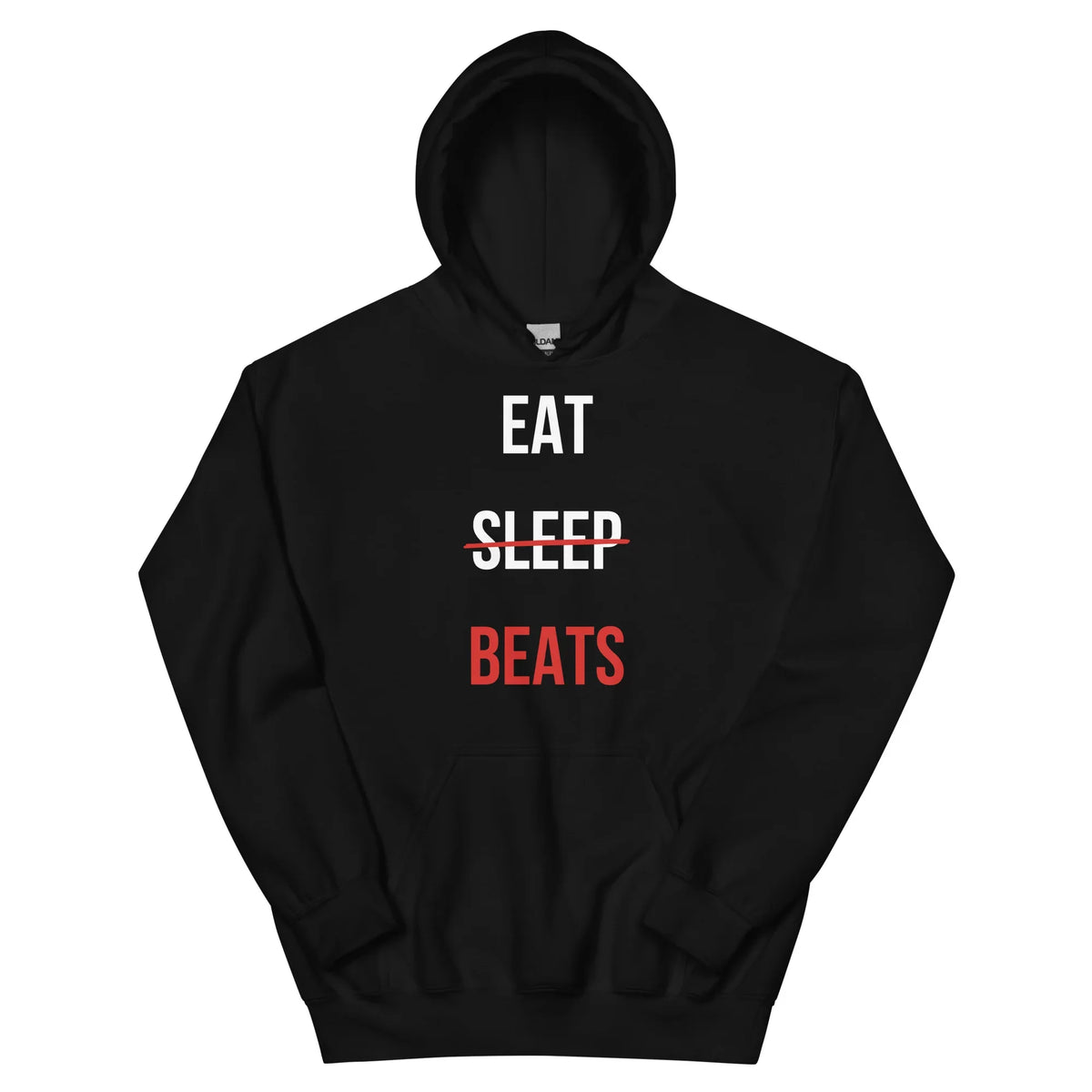 Eat Sleep Beats music producer hoodie in black, with SLEEP struck through