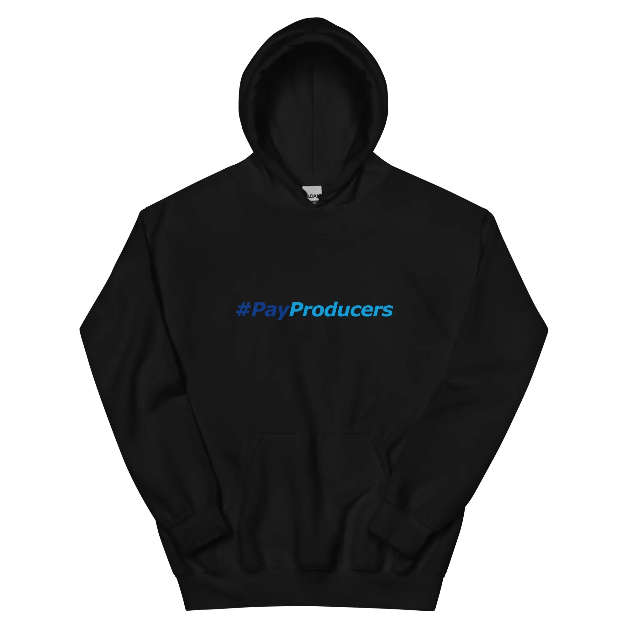 Black hoodie for music producers with '#PayProducers' text on a black background