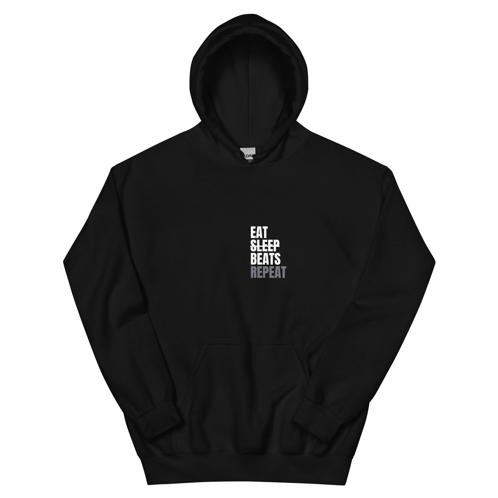 Black hoodie with 'Eat Sleep Beats Repeat' on a black background