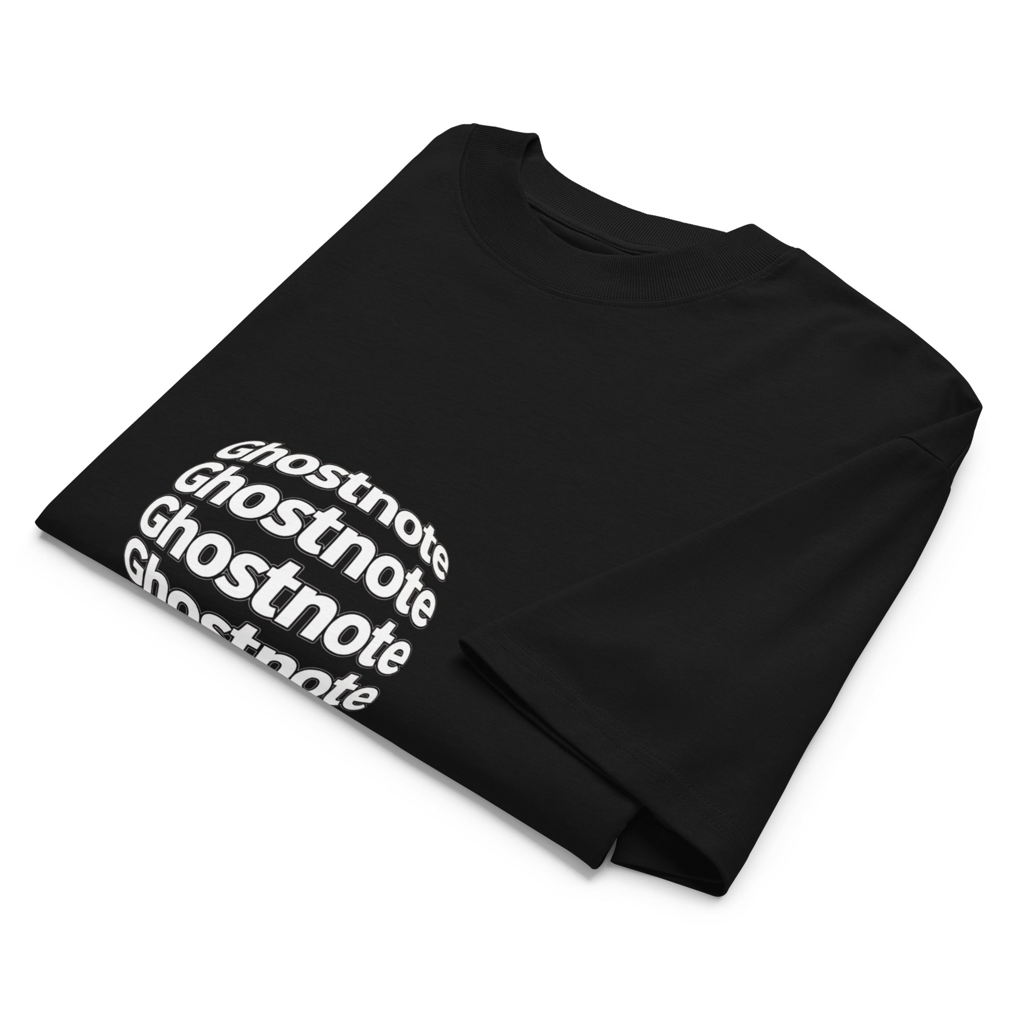Black t-shirt folded with 'Ghostnote' alternative logo on a black background