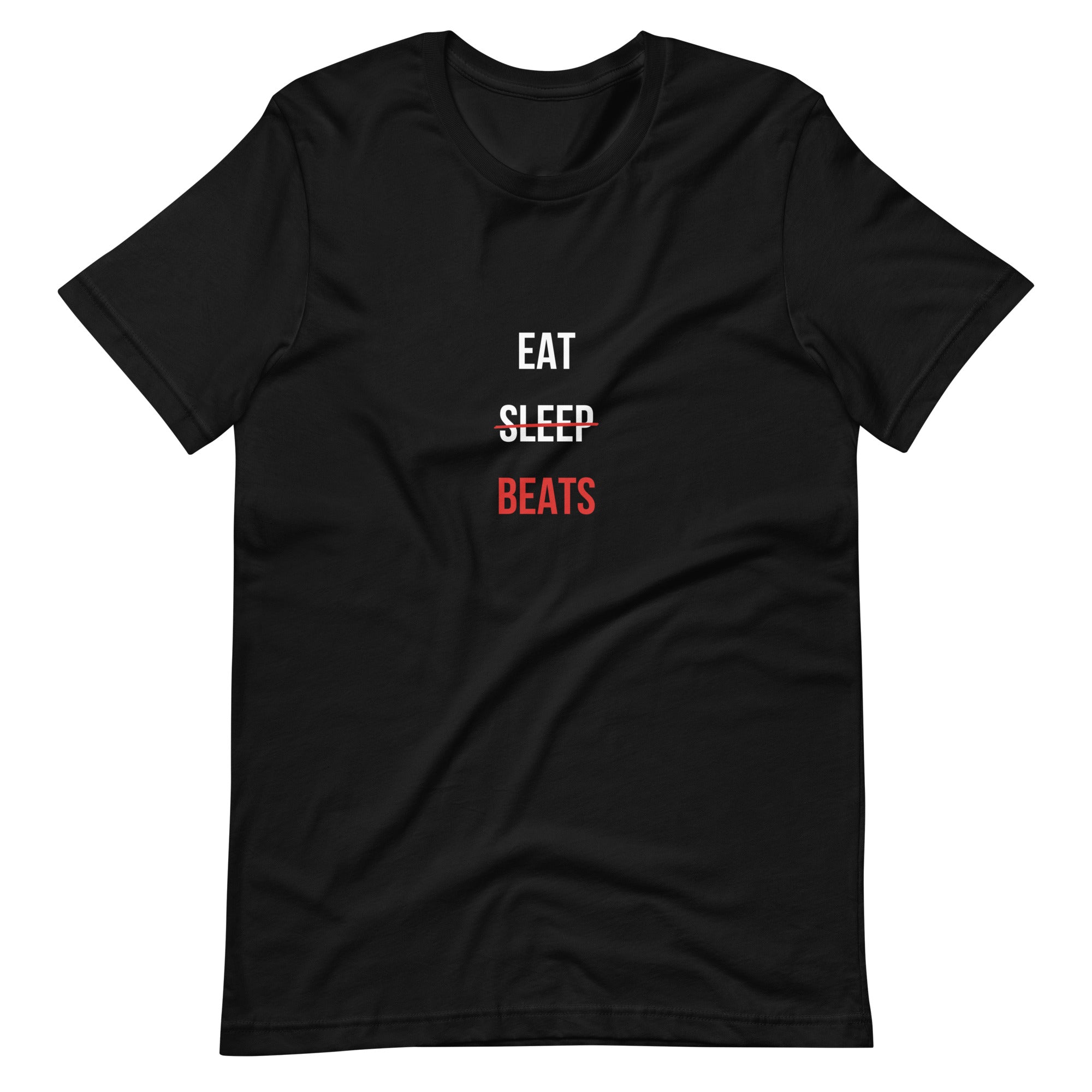 Black t-shirt with 'EAT SLEEP BEATS' text on a white background made for music producers and beatmakers