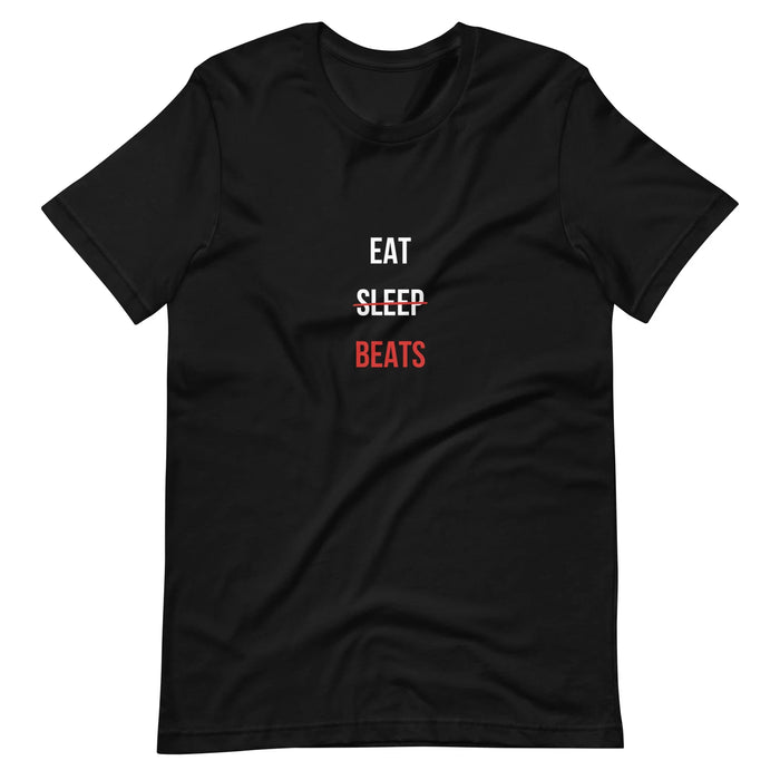 Black t-shirt with stacked 'EAT SLEEP' in white and 'BEATS' in red on the chest — Ghostnote music producer streetwear