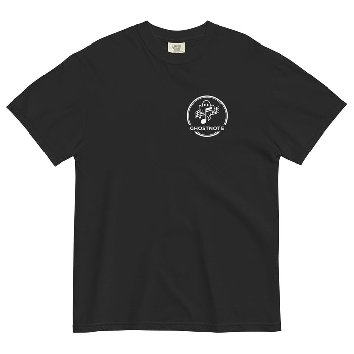 Black t-shirt with a white Ghostnote streetwear logo on a black background