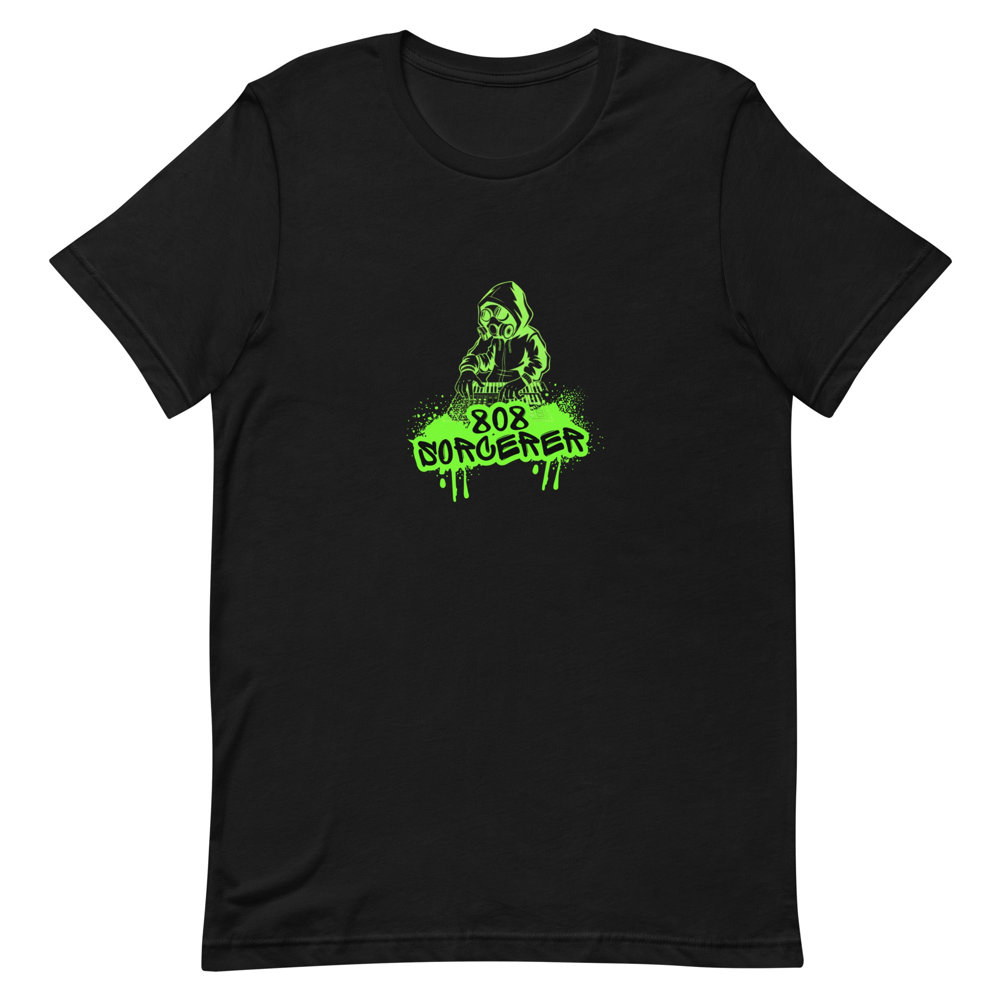 Black t-shirt with green graphic design on a black background