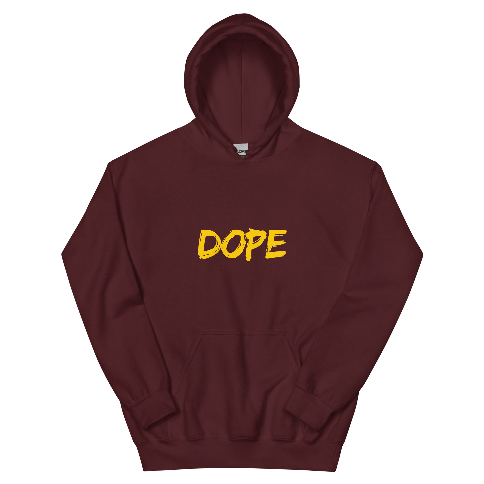Black hip-hop hoodie with 'DOPE' in yellow handwritten script on the chest — Ghostnote streetwear