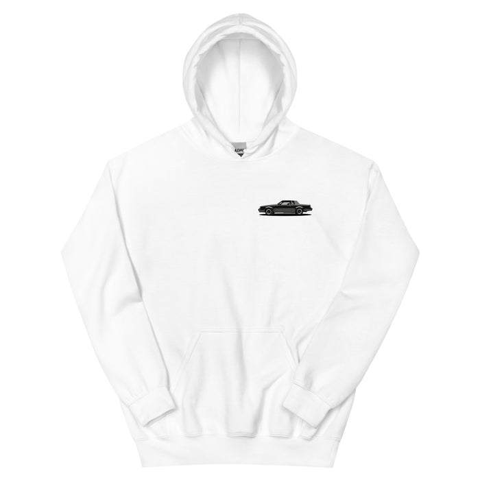 White hoodie with a small black sports car (Buick GNX) graphic on the chest — Ghostnote hip-hop streetwear