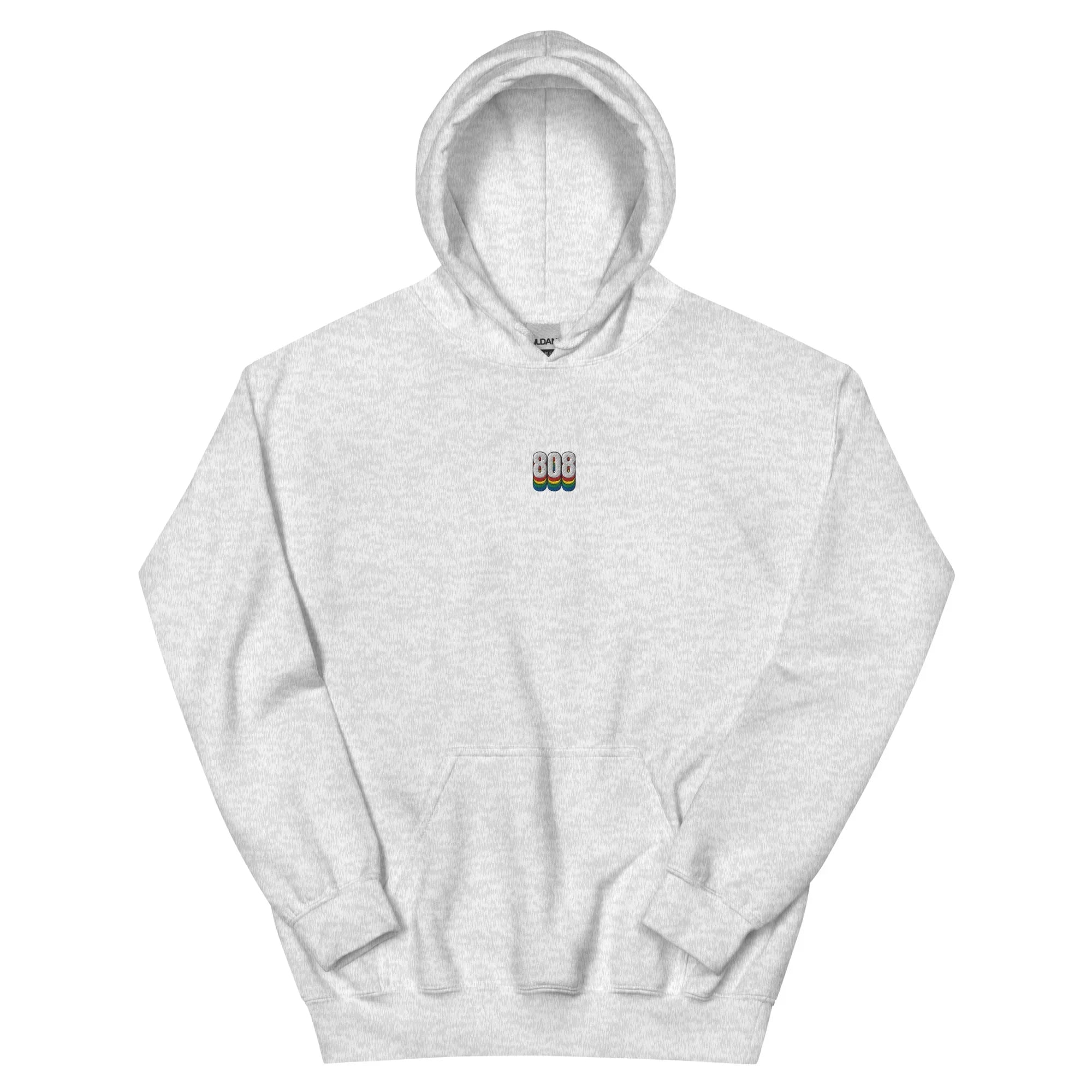 Gray hoodie for music producers and rappers with a logo on the chest that says "808"