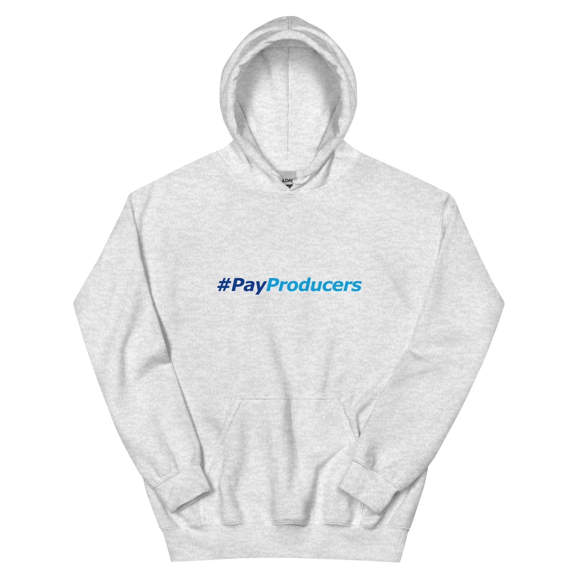 Gray hoodie for music producers with '#PayProducers' text on a gray background