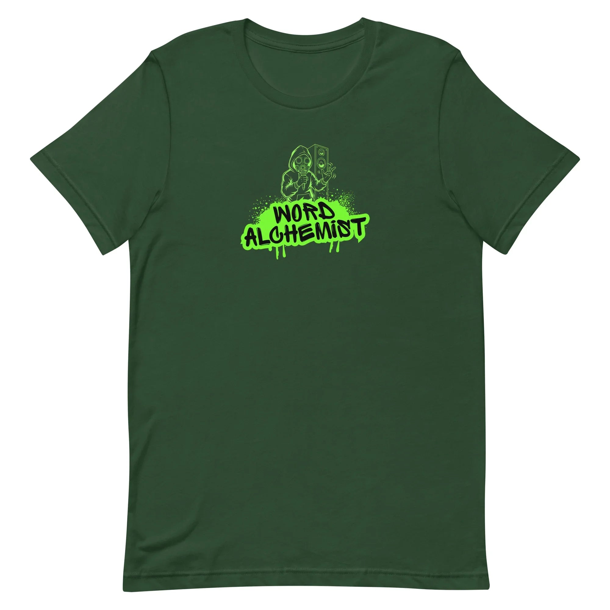 Green t-shirt with green 'Word Alchemist' logo on a green background