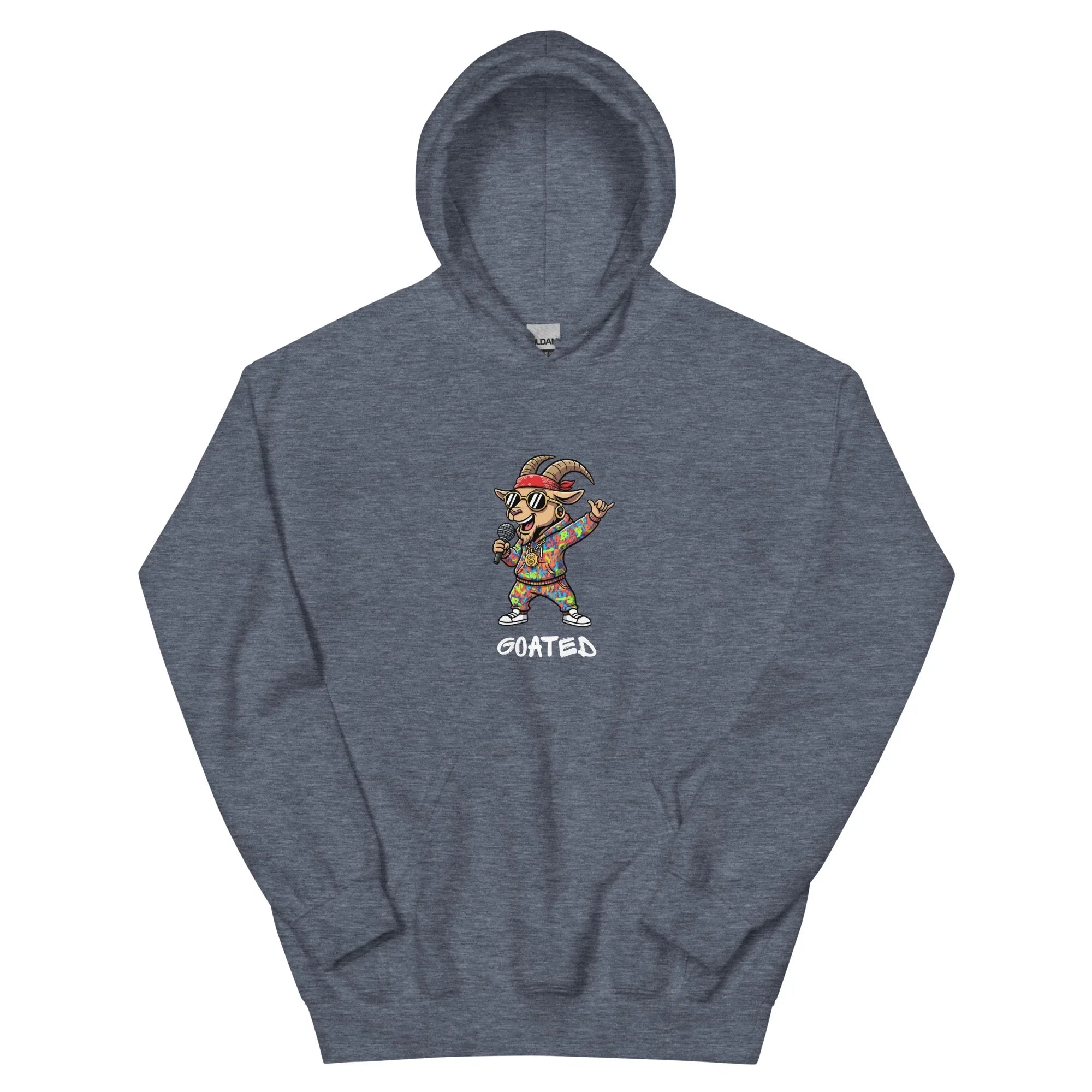 Grey hoodie with a colorful graphic of a goat and the word 'GOATED'. Hoodie for rappers