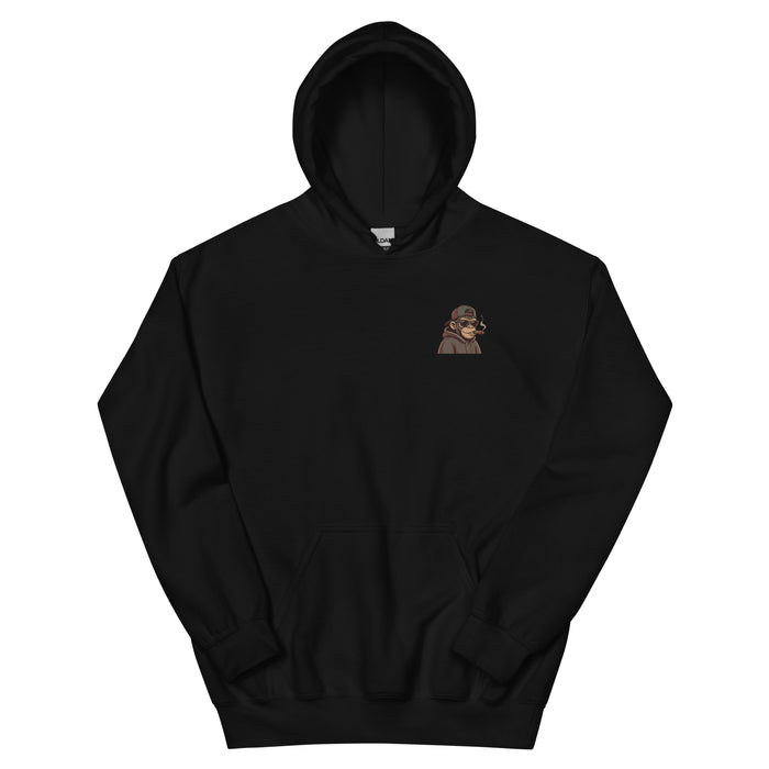 Black hoodie with a small illustrated ape head wearing headphones in brown on the chest — Ghostnote hip-hop streetwear