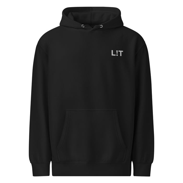 Black hoodie with small white 'L!T' text on the chest — Ghostnote hip-hop streetwear