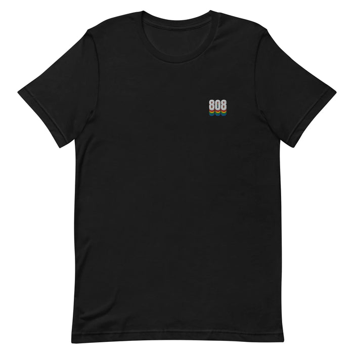 Black music producer t-shirt with a small embroidered '808' logo in white over a red, yellow, green and blue drop on the left chest — Ghostnote beatmaker streetwear