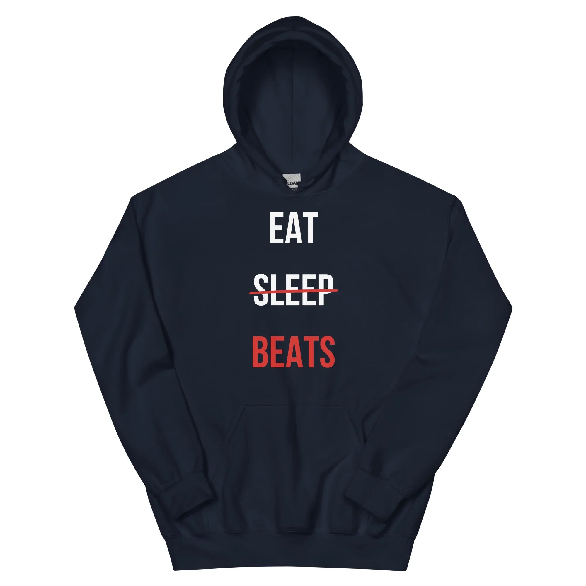 Black hoodie with stacked 'EAT SLEEP' in white and 'BEATS' in red on the chest — Ghostnote music producer streetwear