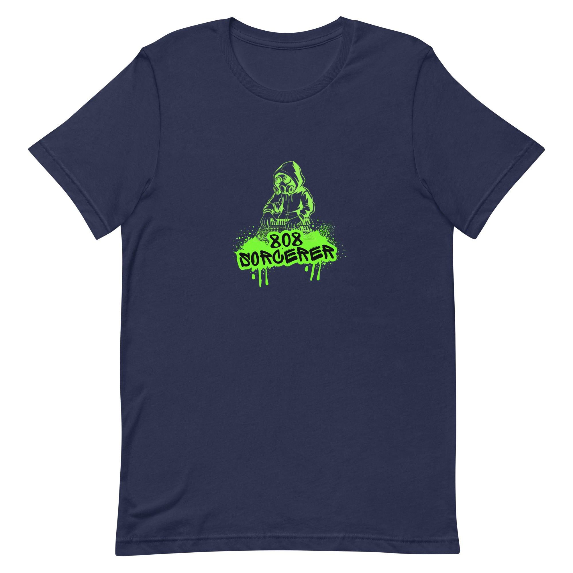 Navy blue t-shirt made for music producers with green graphic and text on a blue background. The graphic says 808 sorcerer