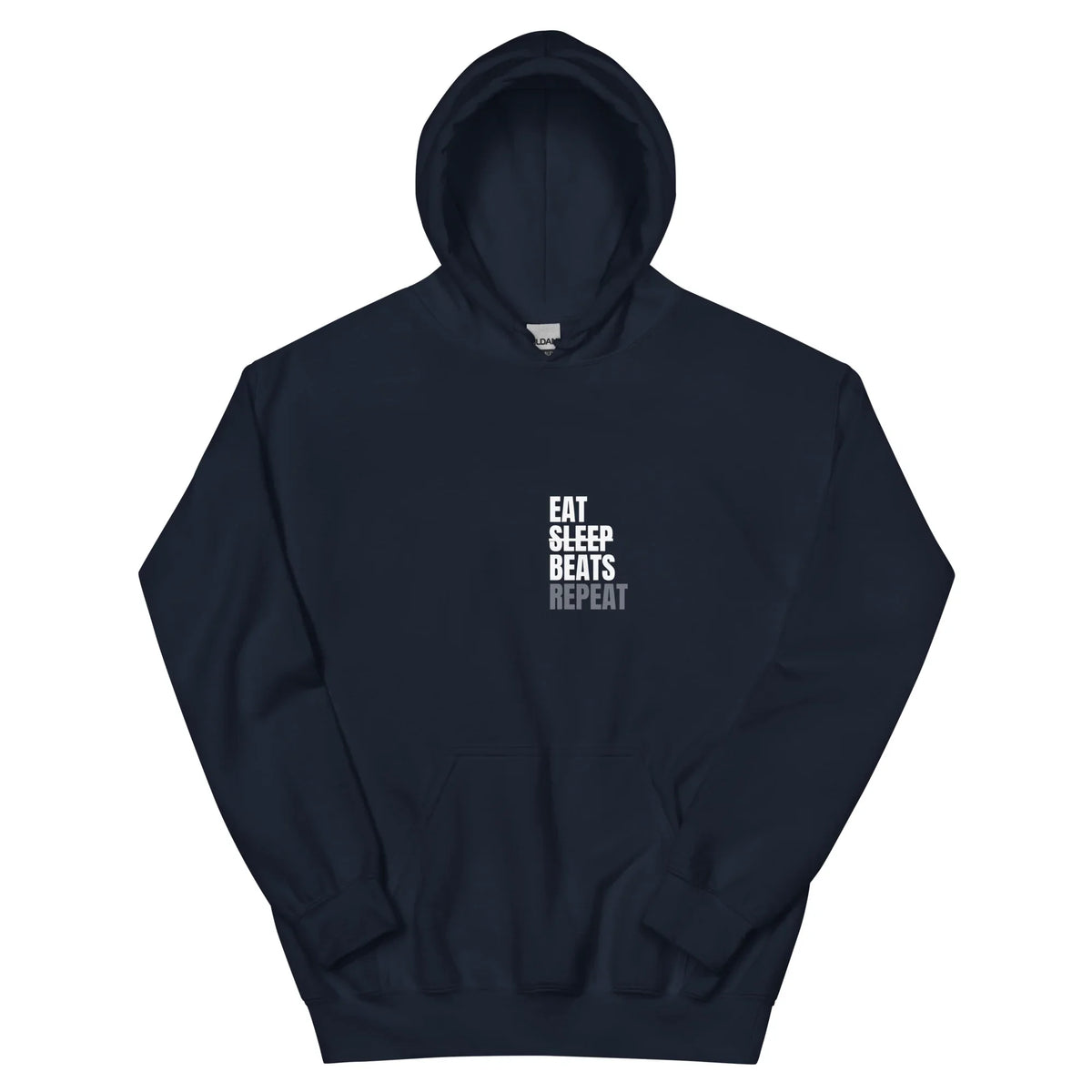 Eat Sleep Beats Repeat hoodie in Navy, flat front